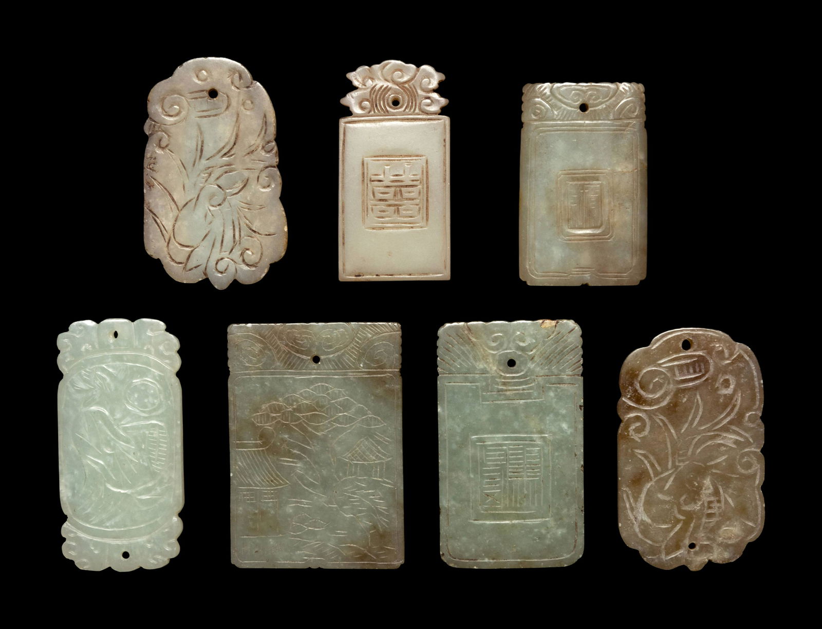 Seven Chinese Celadon Jade Carved Plaques (1 of 2)