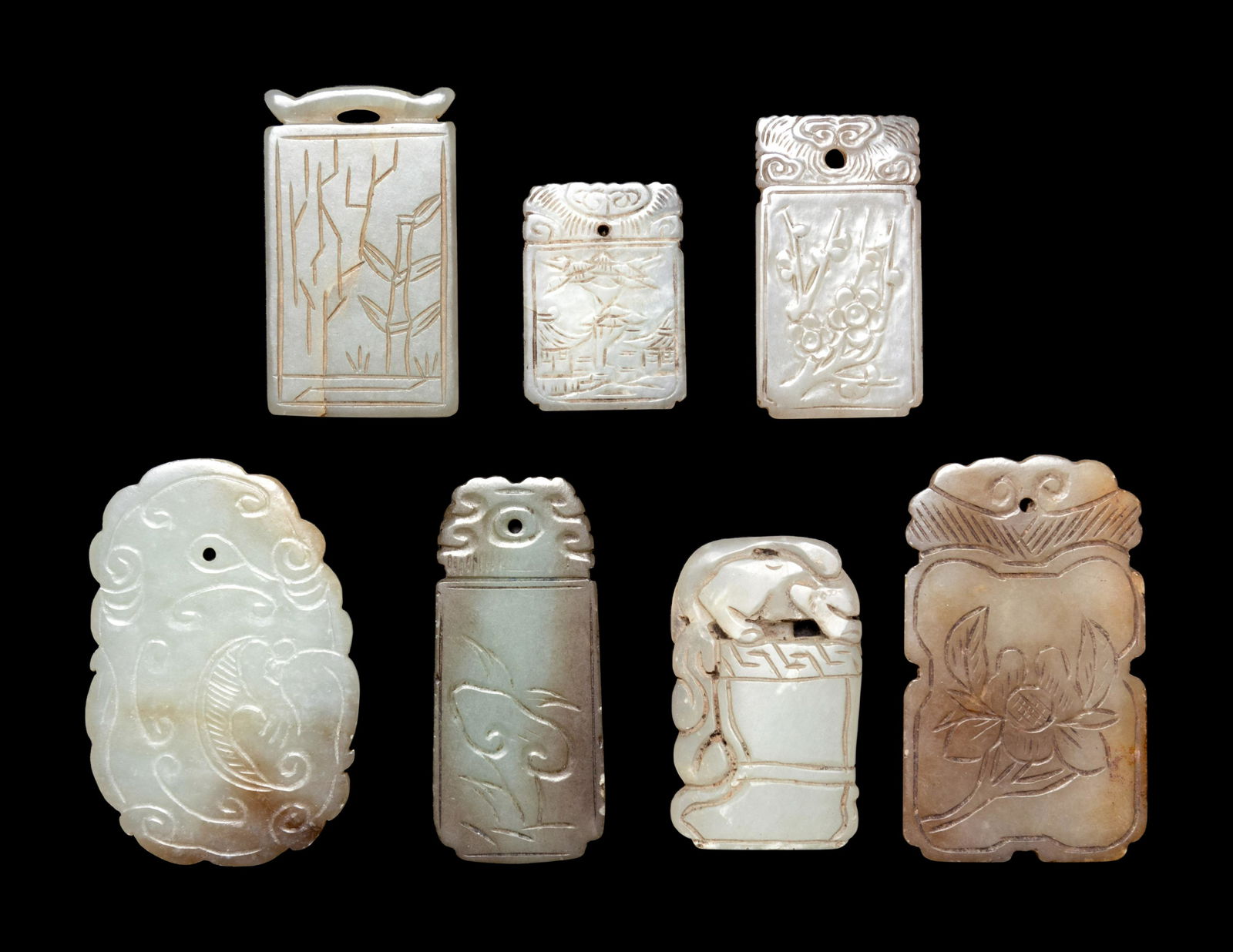 Seven Chinese Celadon Jade Carved Plaques (1 of 2)