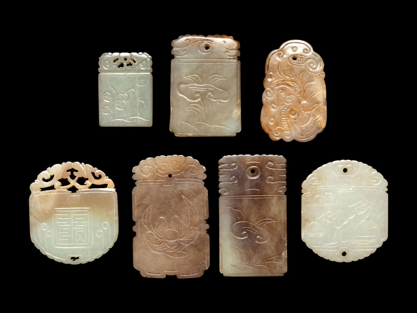 Seven Chinese Celadon Jade Carved Plaques (1 of 2)