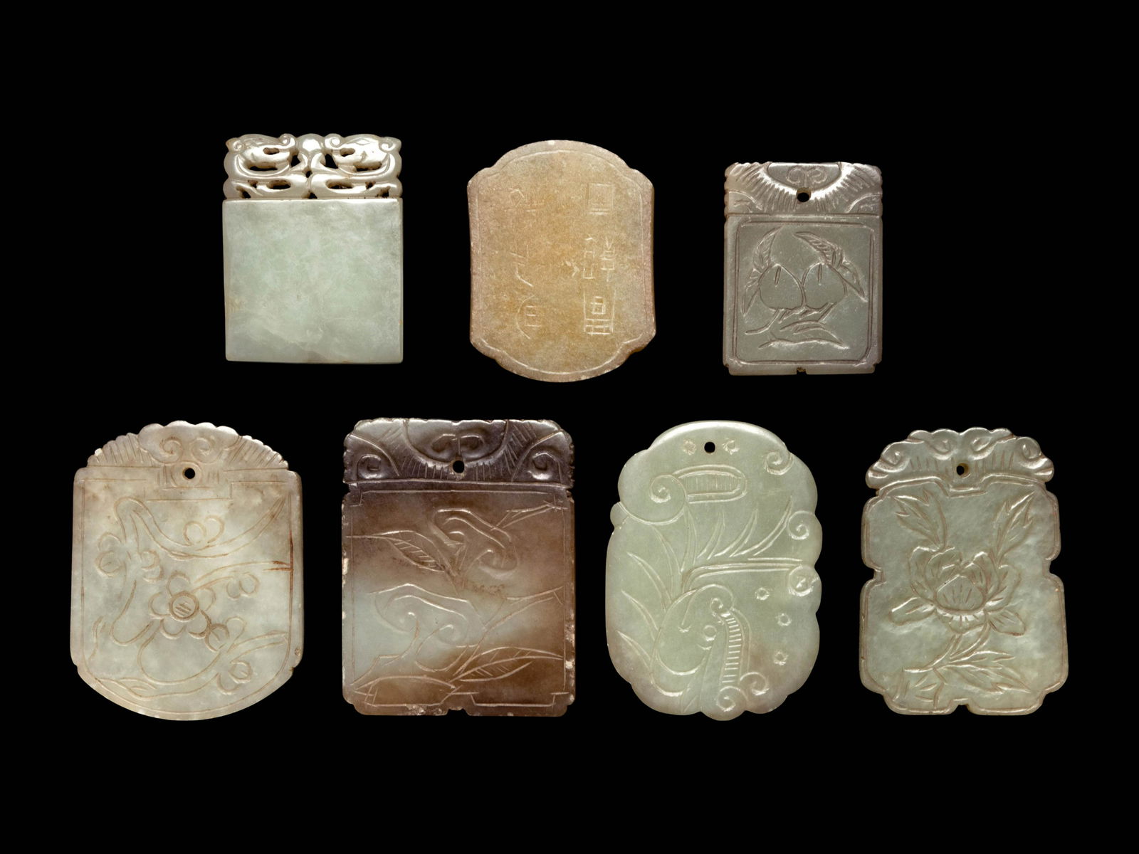 Seven Chinese Celadon Jade Carved Plaques (1 of 2)