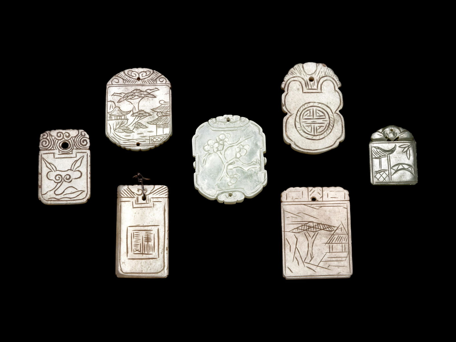 Seven Chinese Celadon Jade Carved Plaques (1 of 2)