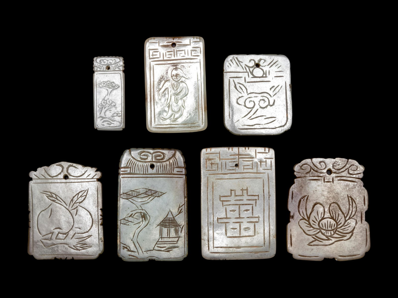 Seven Chinese Pale Celadon Jade Carved Plaques (1 of 2)