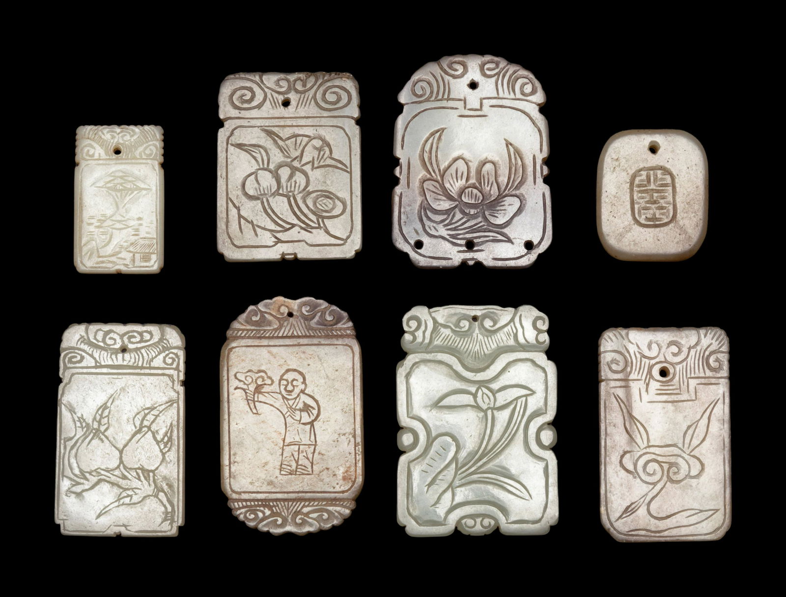 Eight Chinese Carved Celadon Jade Plaques (1 of 2)