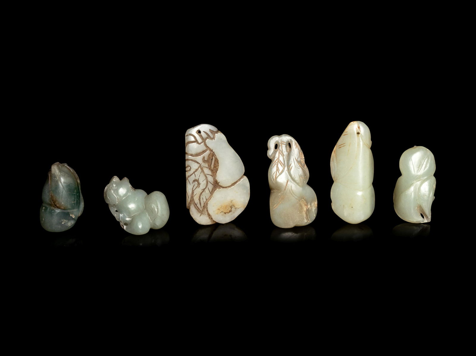 Six Chinese Celadon Jade Carvings of Double Gourds (1 of 2)