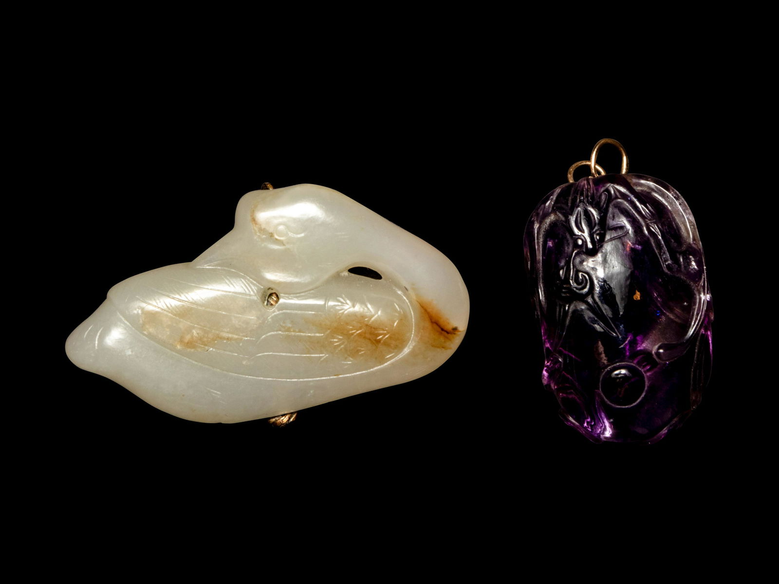 A Chinese Russet and White Jade Figure of a Goose and A (1 of 2)