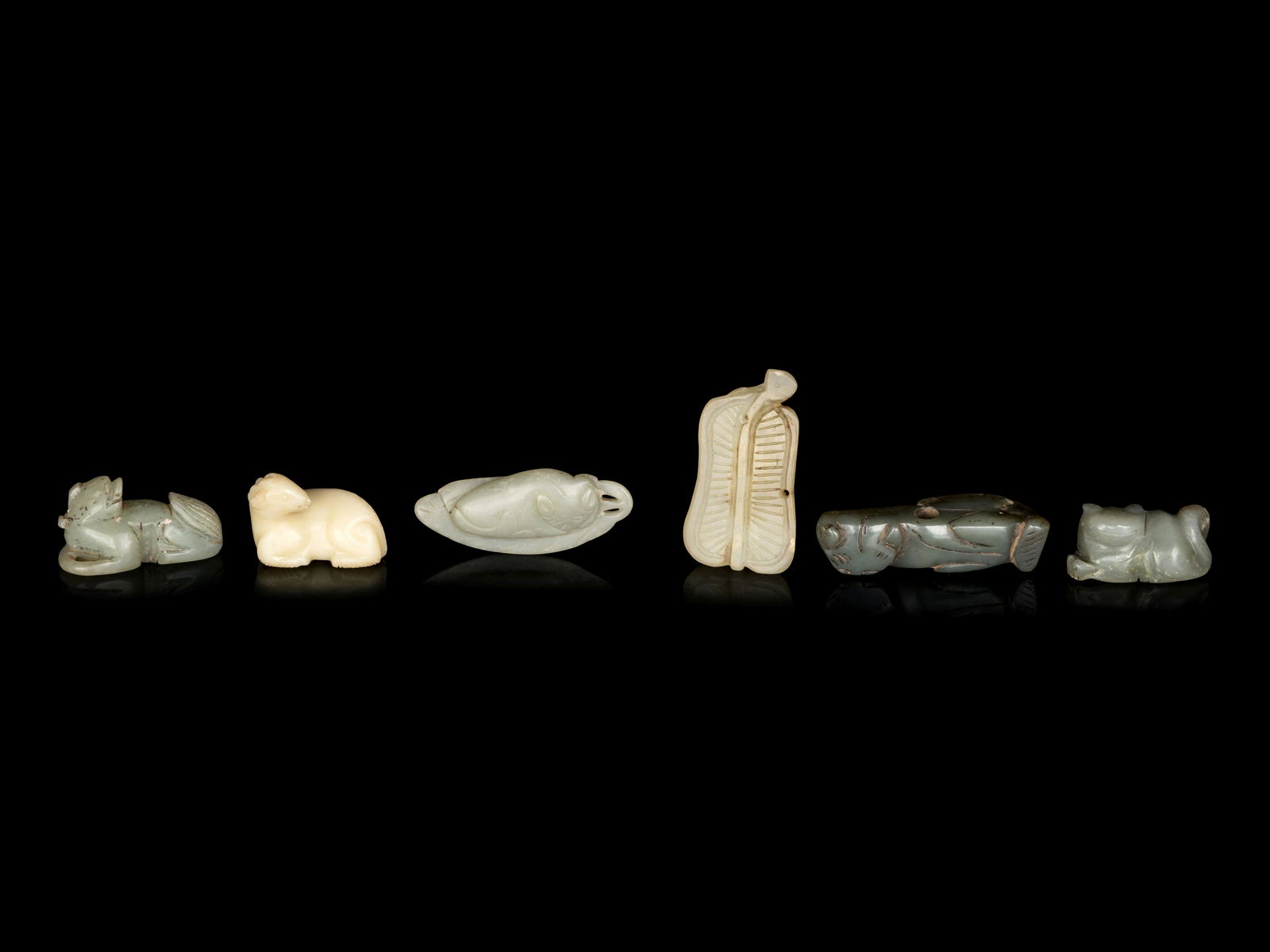 Six Chinese Celadon Jade Carvings of Animals and Fruits (1 of 2)