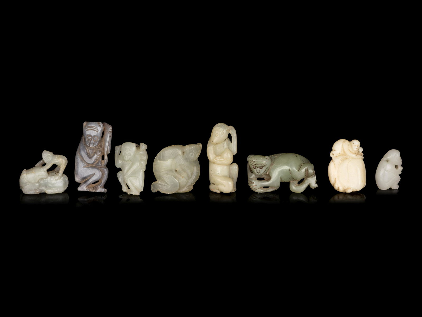 Eight Chinese Jade Carvings of Monkeys (1 of 2)
