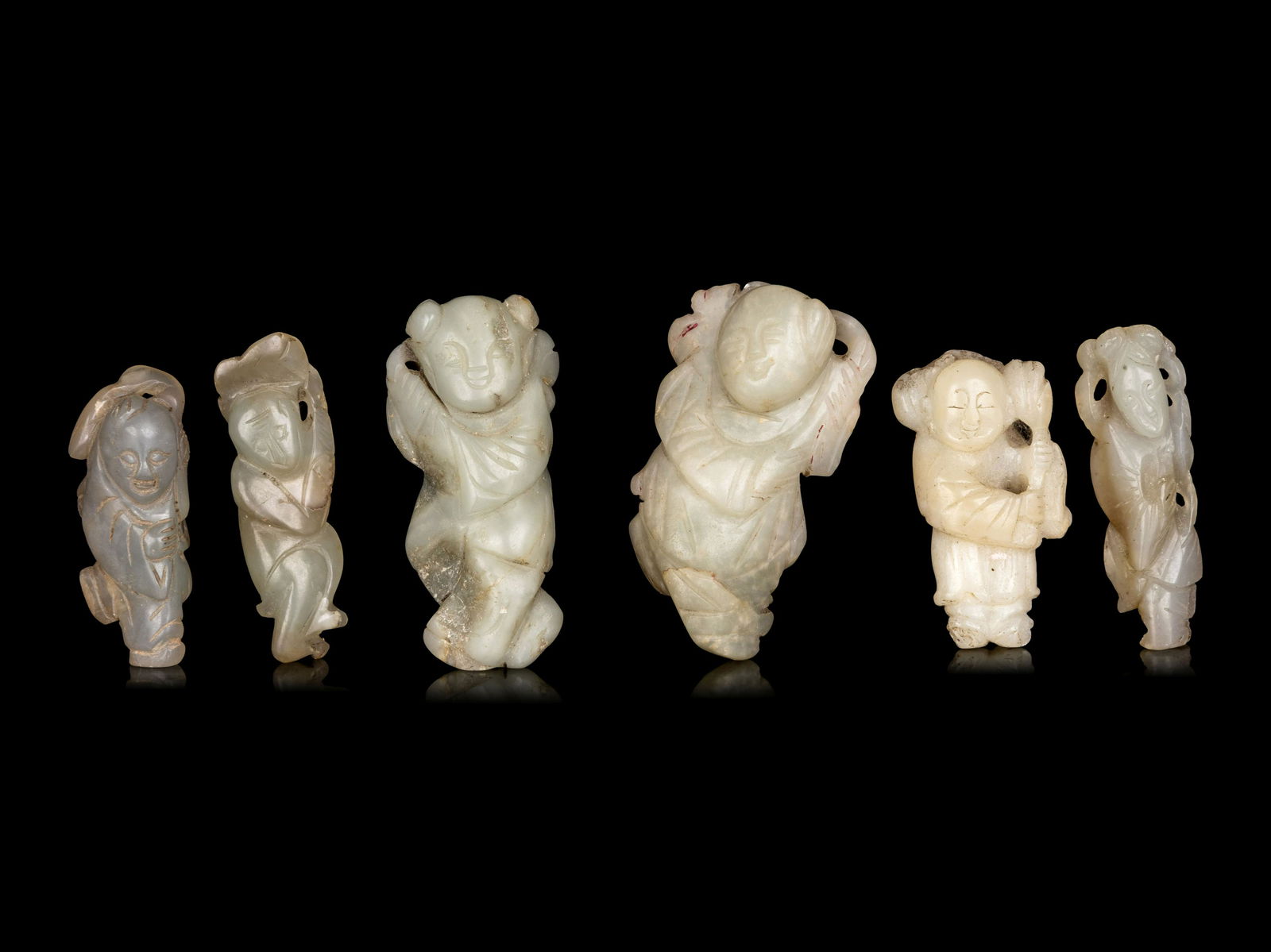 Six Chinese Celadon Jade Carvings of Boys (1 of 2)