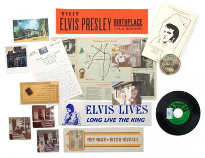 A Collection of Tupelo, Mississippi, Elvis Presley I: A Collection of Tupelo, Mississippi, Elvis Presley Items and Photos, comprising three Elvis Presley bumper stickers, a Tupelo Mississippi paperweight, visitor information, a John Mosely LP album