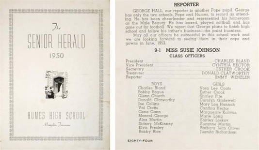 Elvis Presley's High School Year Book, The Herald,: Elvis Presley's High School Year Book, The Herald, Humes High School, 1950, when Elvis Presley was a freshman. On page 84, he is listed in Miss Susie Johnson's 9th grade class. Elvis Presley also