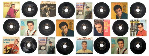 A Collection of Twenty-Nine 1950s Elvis Presley 45rp: A Collection of Twenty-Nine 1950s Elvis Presley 45rpm Singles, including "Good Rockin' Tonight" / "I Don't Care if the Sun Don't Shine" (1954) 47-6381, "That's All Right" / "Blue Moon of Kentucky"