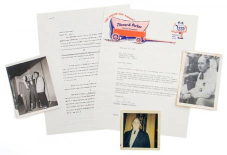 A Group of Items Pertaining to Colonel Tom Parker,: A Group of Items Pertaining to Colonel Tom Parker, Elvis Presley's manager, comprising a typed letter signed by Colonel Parker, a signed photograph of the Colonel inscribed to Gary Pepper, a