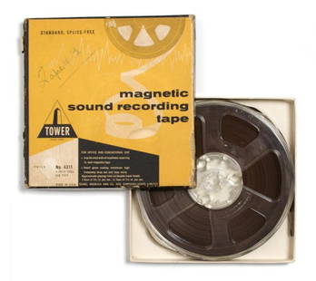 An Original 5-inch Reel-to-Reel Sound Recording of: An Original 5-inch Reel-to-Reel Sound Recording of Elvis Presley on the Ed Sullivan Show, dated on the back of the box January 5, 1957. Elvis made his last of three appearances on the Ed Sullivan