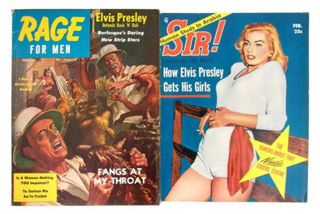 A Pair of 1957 Men's Magazines with Articles by Elv: A Pair of 1957 Men's Magazines with Articles by Elvis Presley, comprising Rage Magazine for Men, with article, "Elvis Presley Defends Rock 'n' Roll" (No. 2, February, 1957), and Sir! with article,