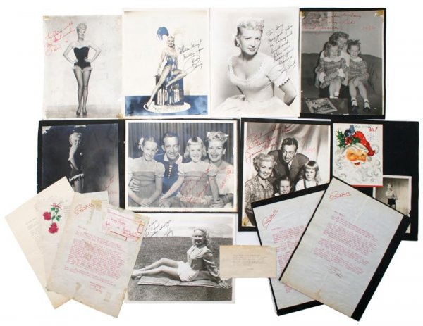 A Collection of Signed Correspondence from Betty Gr: A Collection of Signed Correspondence from Betty Grable to Gary Pepper, comprising six pin-up photographs of Betty Grable inscribed in red ink to Gary Pepper, four photographs of Betty, Harry James an