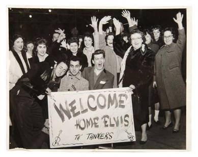 An Original Photo of The Tankers Greeting Elvis at: An Original Photo of The Tankers Greeting Elvis at the Train Station, black and white, 8 x 10 inches. Gary Pepper and the Tankers greeted Elvis Presley at the Memphis Union Train Station upon his