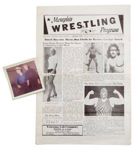 An Original Photograph of Elvis Presley and a Femal: An Original Photograph of Elvis Presley and a Female Wrestler, Penny Banner, from the Rainbow Roller Rink. Together with a Memphis Wrestling Program from October 13, 1957, featuring an article about