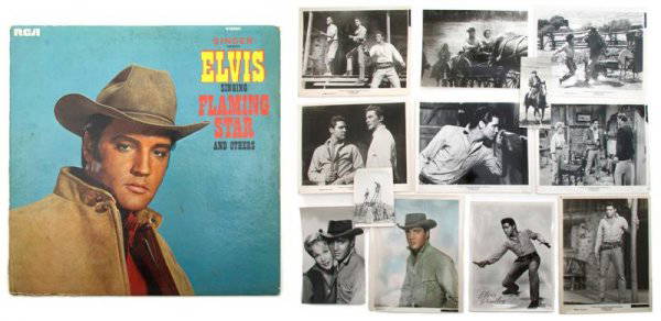 A Group of Movie Stills and the Soundtrack to Flami: A Group of Movie Stills and the Soundtrack to Flaming Star, comprising 30 movie stills and the LP Album "Singer Presents Elvis Singing Flaming Star" SP RCA Victor PRS-279.