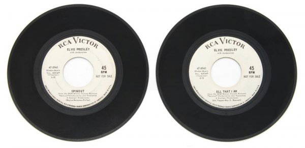 A Group of Two 1966 Spinout" White Label Promo 45s,: A Group of Two 1966 "Spinout" White Label Promo 45s, (RCA Victor 47-8941) promotional white label 7" 45rpm EP discs marked "NOT FOR SALE." Condition: Near Mint.