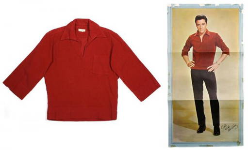 An Elvis Presley Red Ultrasuede Shirt Worn,: An Elvis Presley Red Ultrasuede Shirt Worn, featured in a giant size pin-up picture inserted in a 1963 full color picture folio issued by RCA. Labeled: Segal Collar. Together with five copies of the