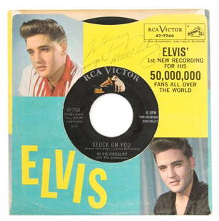 An Elvis Presley 1960 Inscribed Picture Sleeve,: An Elvis Presley 1960 Inscribed Picture Sleeve, "Stuck on You" / "Fame and Fortune," with 45rpm single (RCA 47-7740), inscribed on the front in ink, "To Gary, from your pal, Elvis Presley."