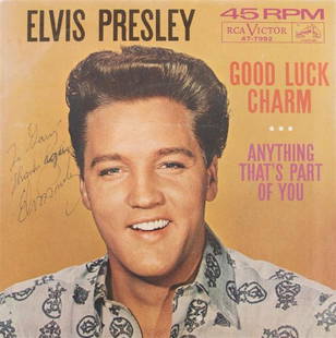 An Elvis Presley 1962 Inscribed Picture Sleeve,: An Elvis Presley 1962 Inscribed Picture Sleeve, "Good Luck Charm" / "Anything That's Part of You," with 45 rpm single (RCA 47-7992), inscribed in black ink, "To Gary - Thanks Again, Elvis Presley."