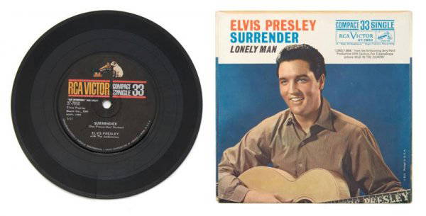 A 1961 Compact 33 Single Surrender" / "Lonely Man,: A 1961 Compact 33 Single "Surrender" / "Lonely Man," RCA Victor 37-7850. Condition: cracked record; sleeve is in good condition.