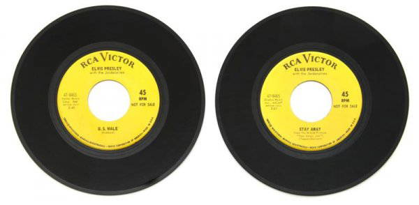 A Group of Two 1968 US Male" / "Stay Away" Yellow: A Group of Two 1968 "US Male" / "Stay Away" Yellow Label Promo 45s, (RCA Victor 47-9465) promotional yellow label 7" 45rpm EP discs marked "NOT FOR SALE." Condition: Near Mint.