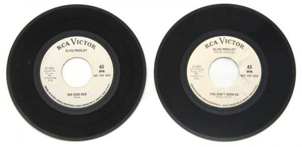 A Group of Two 1967 Big Boss Man" White Label Prom: A Group of Two 1967 "Big Boss Man" White Label Promo 45s, (RCA Victor 47-9341) promotional white label 7" 45rpm EP discs, marked "NOT FOR SALE." Condition: (one Good, one Near Mint with double label