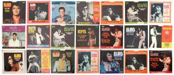 A Collection of 45rpm Elvis Presley Singles from t: A Collection of 45rpm Elvis Presley Singles from the 1970s, comprising 26 45rpm singles and three record catalogues. Refer to department for a full listing.