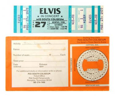 A First Row Unused Ticket to a 1977 Elvis Presley: A First Row Unused Ticket to a 1977 Elvis Presley Memphis Concert, comprising the original envelope and ticket showing Row 1, Seat 1, dated August 27, 1977, for the Mid-South Coliseum in Memphis,