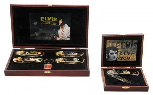 A Collection of Elvis Presley Commemorative Pocket: A Collection of Elvis Presley Commemorative Pocket Knives, comprising five pocket knives each with color photographs of Elvis Presley on both sides of the handle, housed in two wooden display cases.