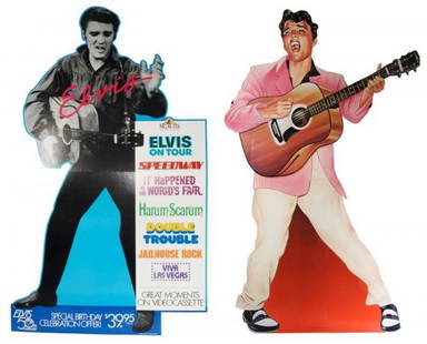 An Elvis Presley MGM Cardboard Cutout, Height of: An Elvis Presley MGM Cardboard Cutout, issued by MGM/UA Home Video in 1984 to promote the 50th Anniversary release of Elvis Presley's films, together with one other cardboard cutout. Height of