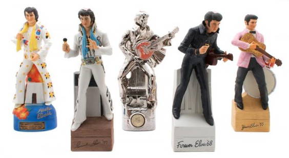 A Set of McCormick Elvis Presley Whiskey Decanters: A Set of McCormick Elvis Presley Whiskey Decanters, comprising five decanters with original boxes, including the first and second decanters in a series of eight.