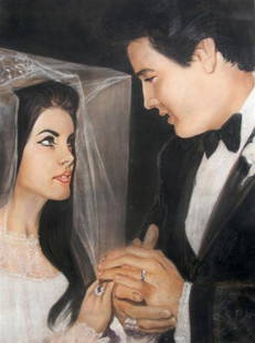 An Original Pastel Wedding Portrait of Elvis and P: An Original Pastel Wedding Portrait of Elvis and Priscilla Presley. One of two known, with confirmation that the other hung in the foyer of Graceland for many years, artist unknown, after a