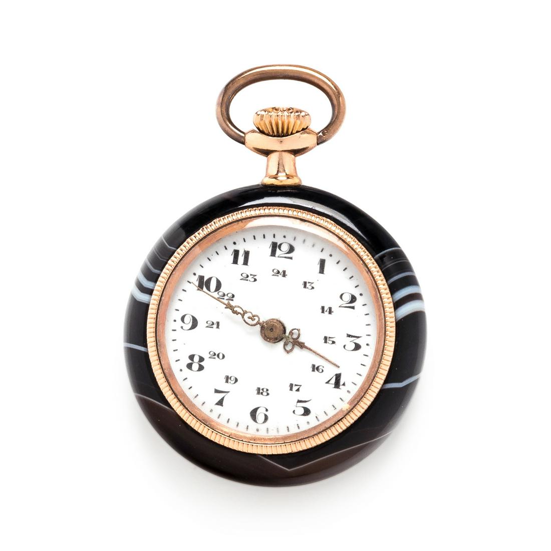 PINK GOLD AND AGATE OPEN FACE POCKET WATCH (1 of 2)