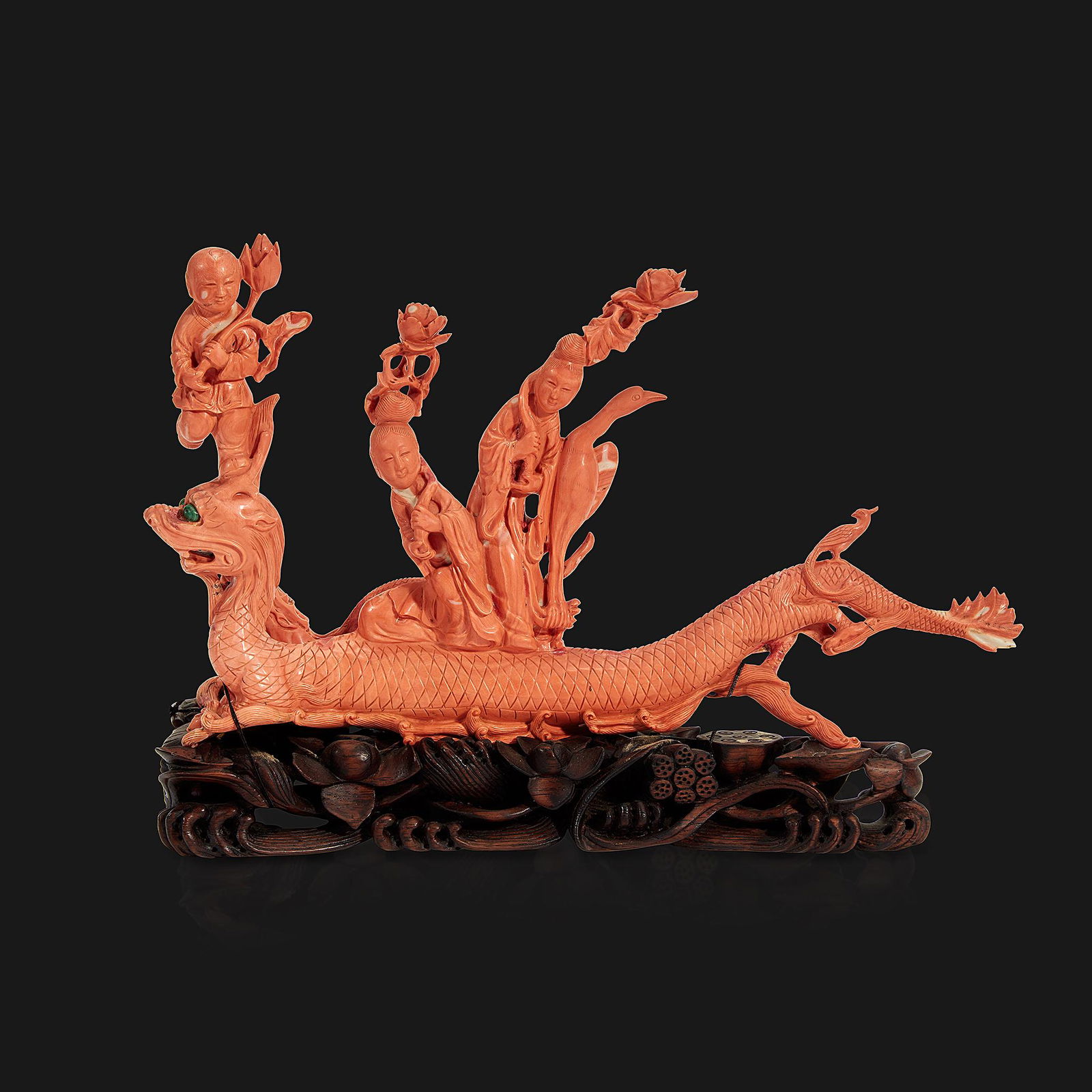 A Chinese carved coral "Dragon, Boy, and Meiren" group (1 of 3)