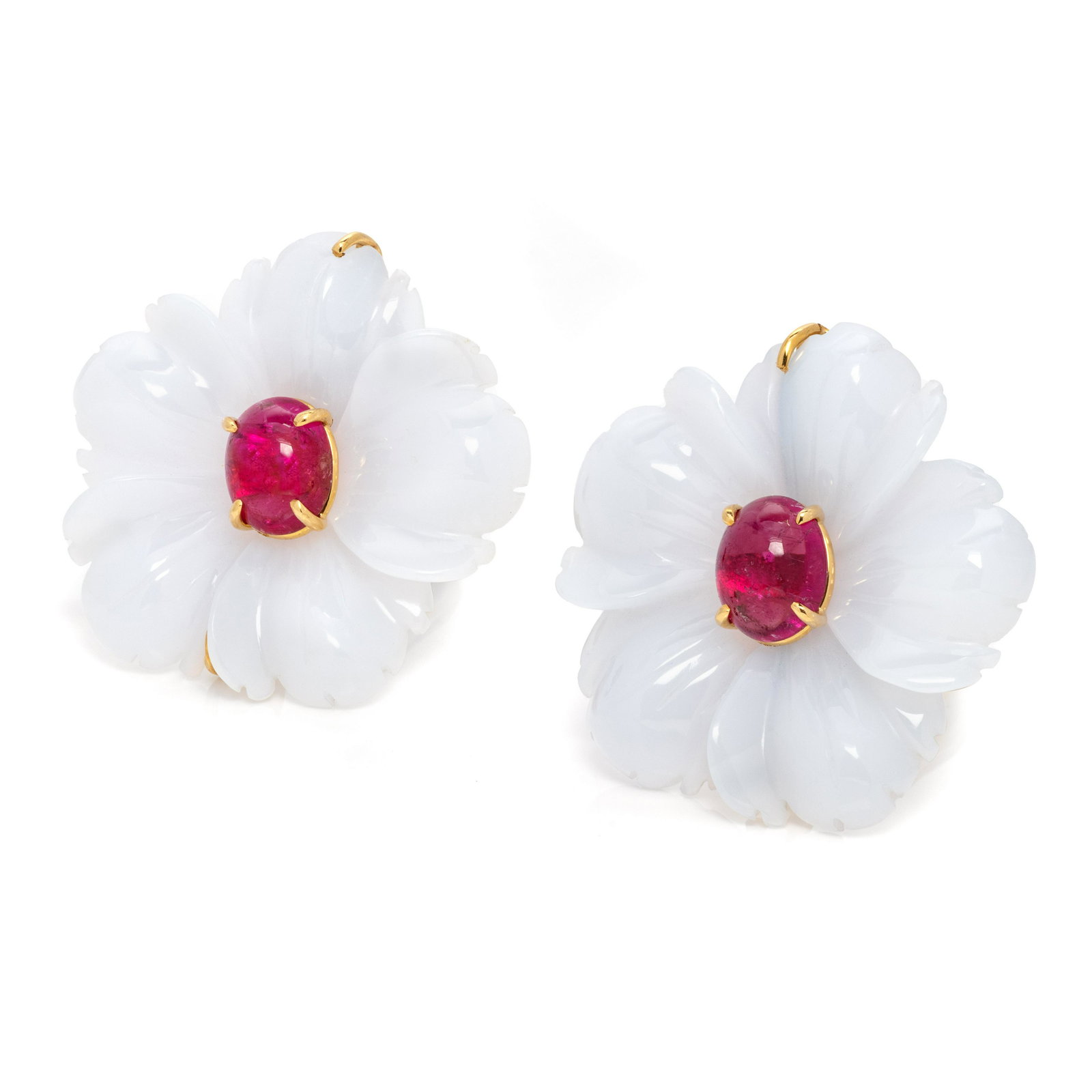 ANDREW CLUNN, GEMSTONE FLOWER EARCLIPS: ANDREW CLUNN, GEMSTONE FLOWER EARCLIPS Containing two carved white agate flowers and two oval cabochon pink tourmalines measuring approximately 10.10 x 8.20 mm. Mounted in yellow gold. 1 1/4 inches lo