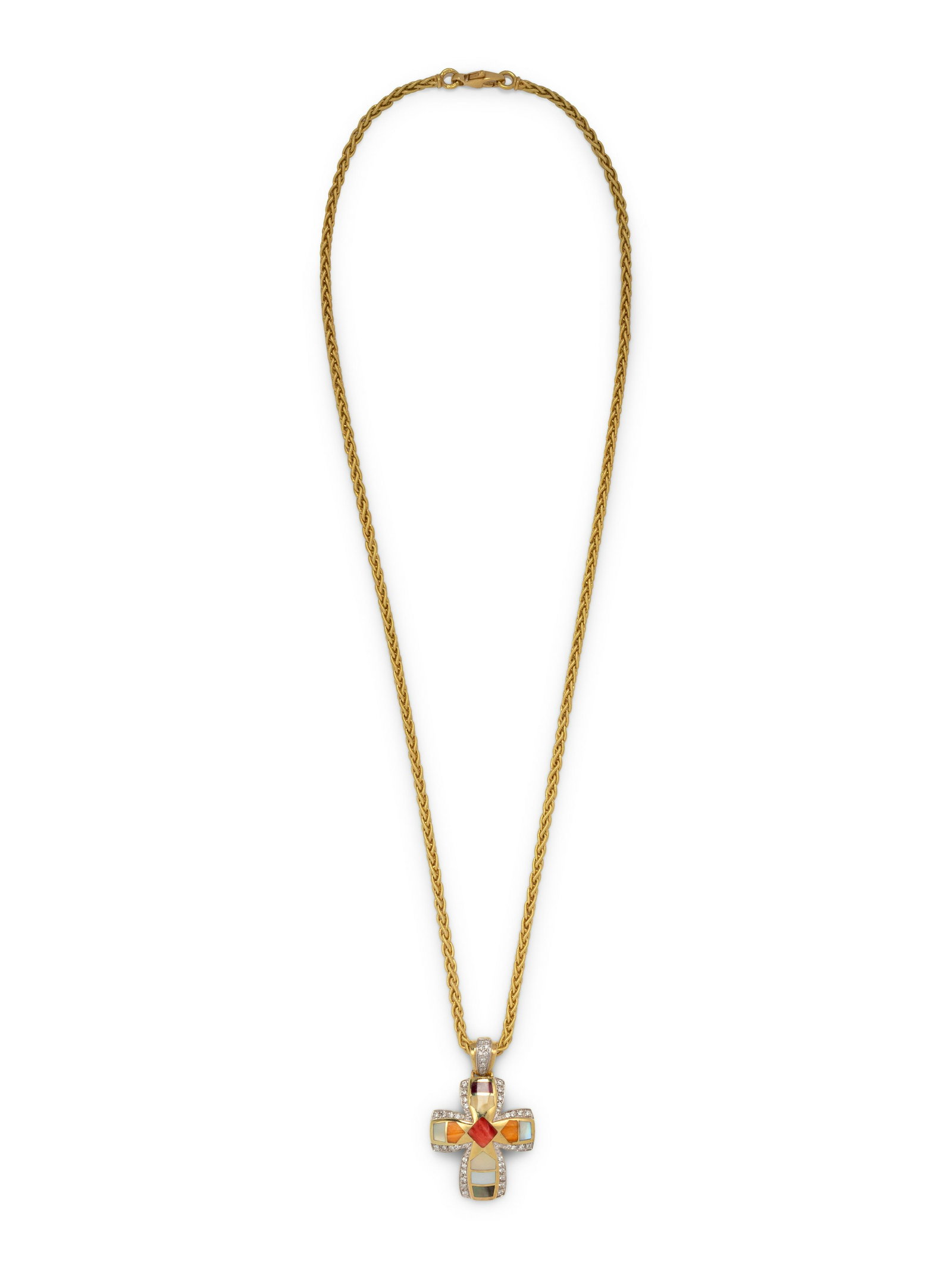ASCH GROSSBARDT, DIAMOND AND HARDSTONE INLAY CROSS: ASCH GROSSBARDT, DIAMOND AND HARDSTONE INLAY CROSS PENDANT/NECKLACE Consisting of a cross pendant by Asch Grossbardt containing 46 round brilliant cut diamonds weighing approximately 0.30 carat total 