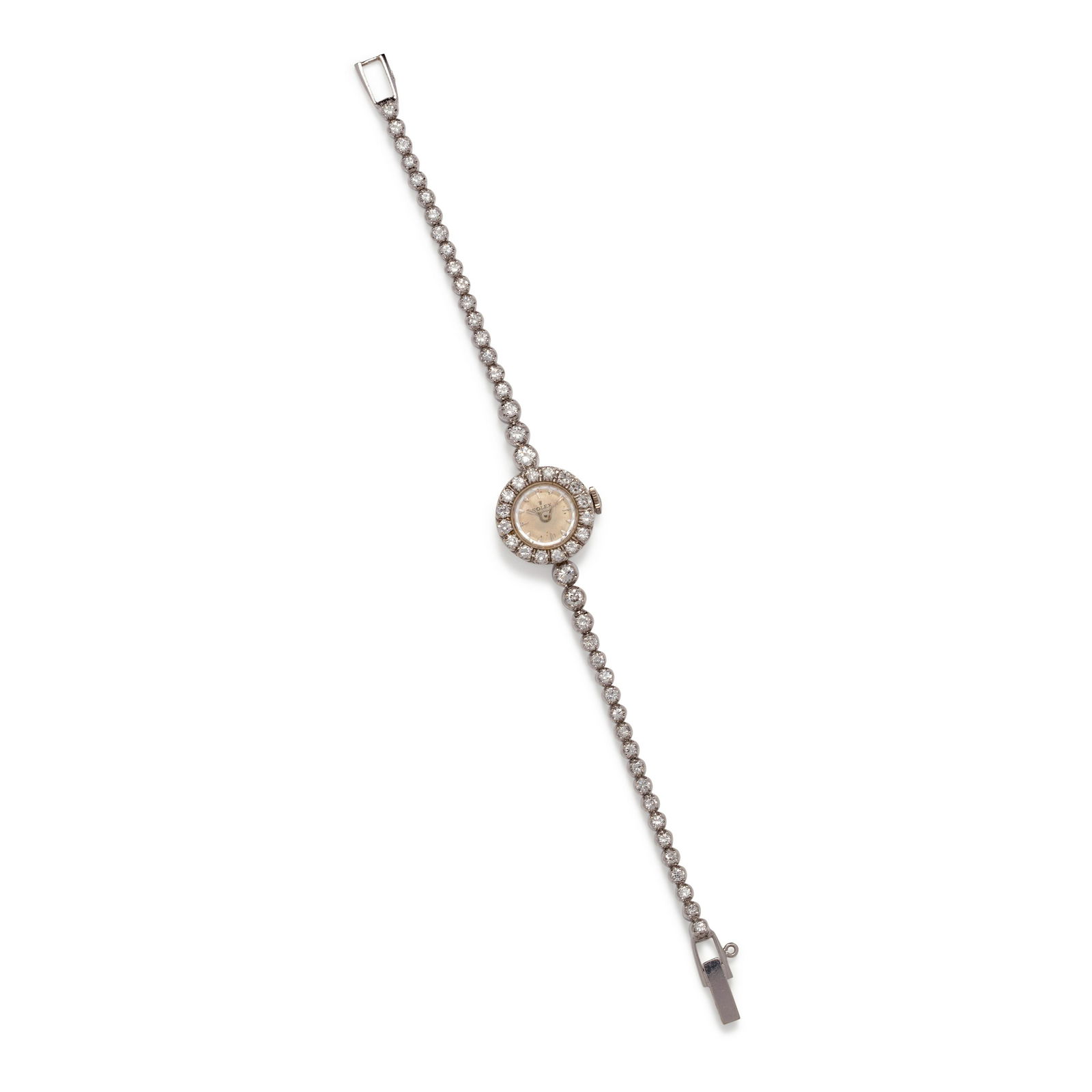 ROLEX, 14K WHITE GOLD AND DIAMOND WRISTWATCH: ROLEX, 14K WHITE GOLD AND DIAMOND WRISTWATCH The bezel and bracelet containing 56 round brilliant cut diamonds weighing approximately 2.80 carats total, 16.00 mm case diameter, matte silvered dial, Ca