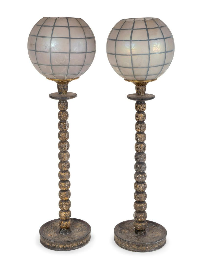 A Pair of Persian Painted Candlestick Lamps with Globes (1 of 2)