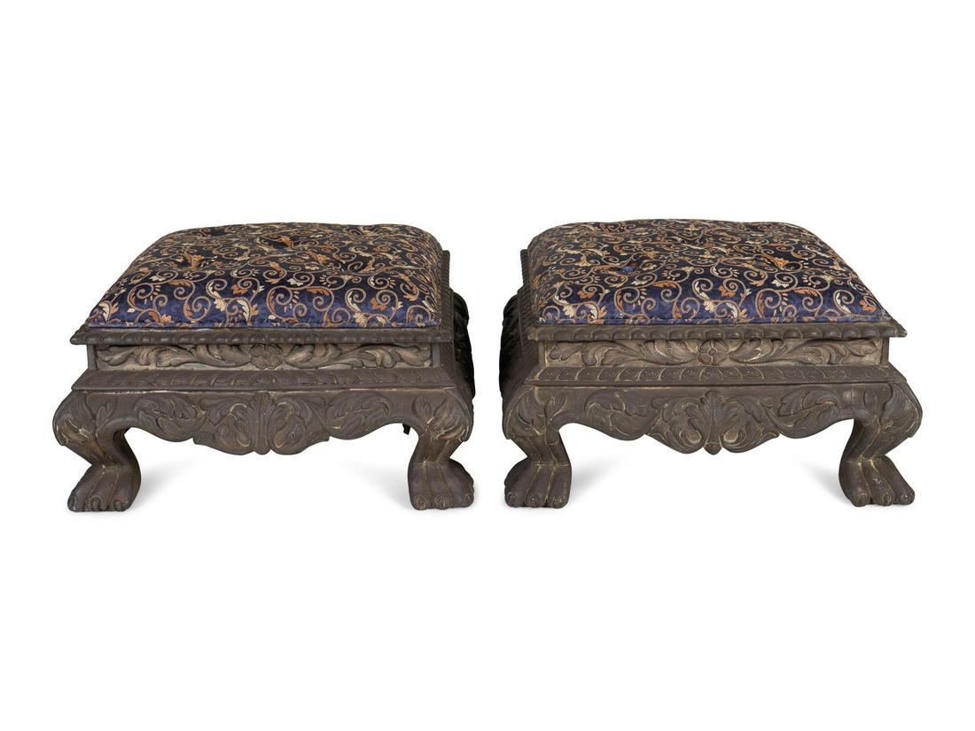 A Pair of Indian Silver Plate-Sheathed Footstools: A Pair of Indian Silver Plate-Sheathed Footstools Height 11 x length 20 x depth 20 inches. Property from the Michael Hall Collection, Miami Beach, Florida Note: By all accounts, Michael Hall, actor, c