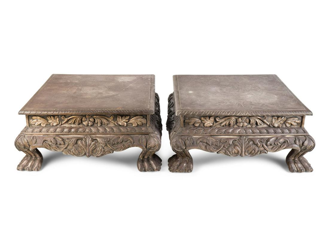 A Pair of Indian Silvered Metal-Sheathed Footstools: A Pair of Indian Silvered Metal-Sheathed Footstools Height 5 x length 20 x depth 20 inches. Property from the Michael Hall Collection, Miami Beach, Florida Note: By all accounts, Michael Hall, actor, 