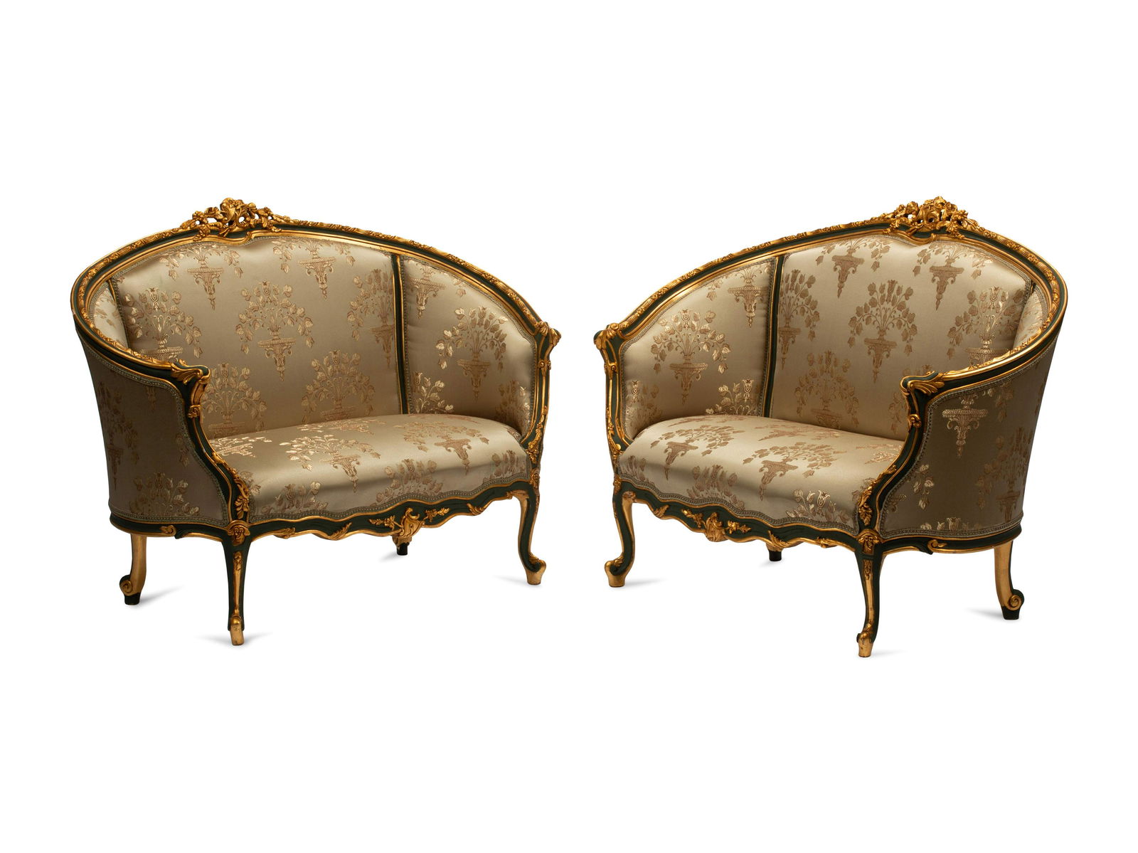 A Pair of Louis XV Style Painted and Parcel Gilt: A Pair of Louis XV Style Painted and Parcel Gilt Settees 20th Century Height 38 x width 51 x depth 28 inches.