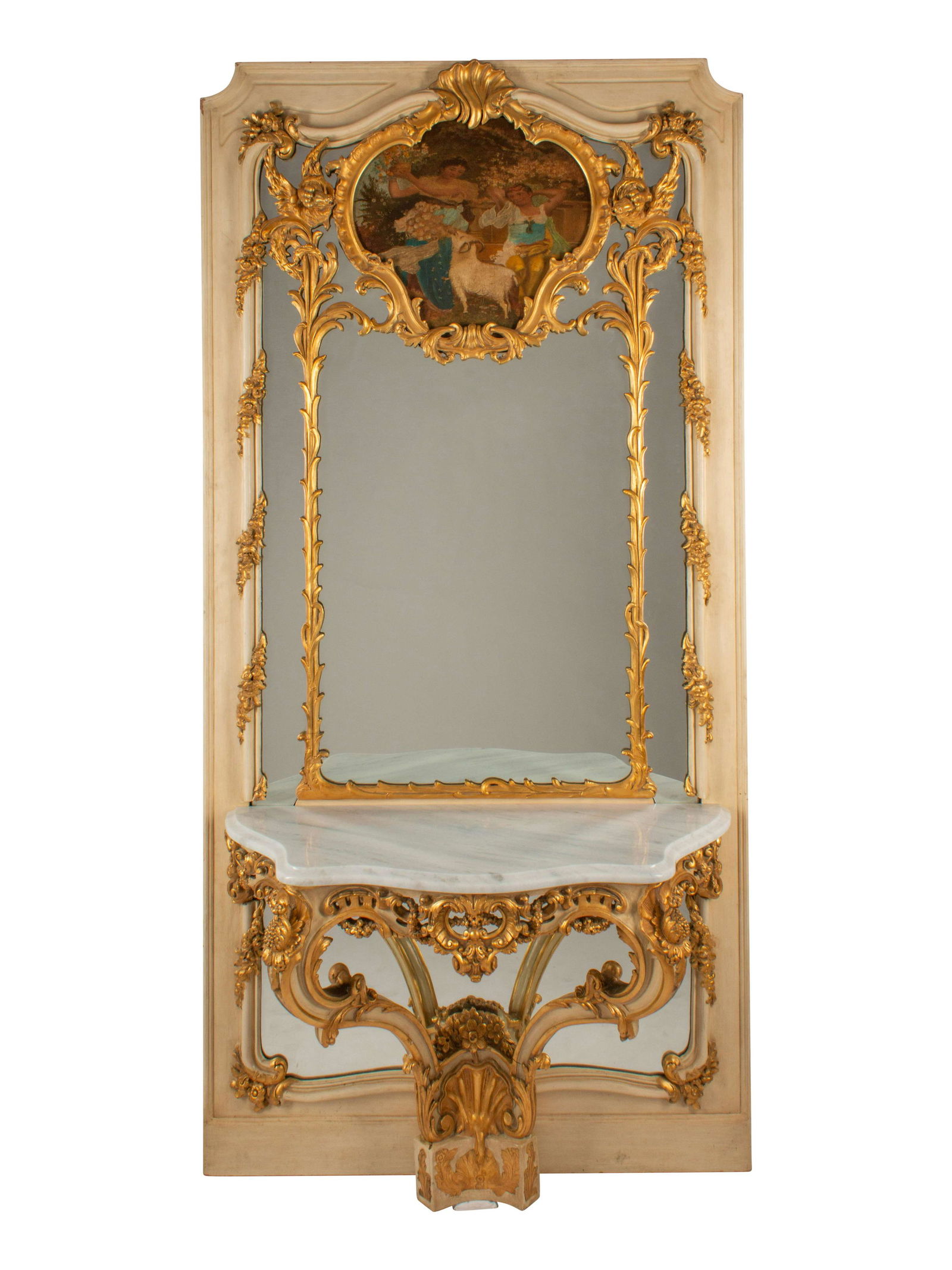 A Pair of Louis XVI Style Painted and Parcel Gilt: A Pair of Louis XVI Style Painted and Parcel Gilt Marble-Top Console Tables and Trumeau Mirrors Height 106 x width 51 x depth 19 inches.