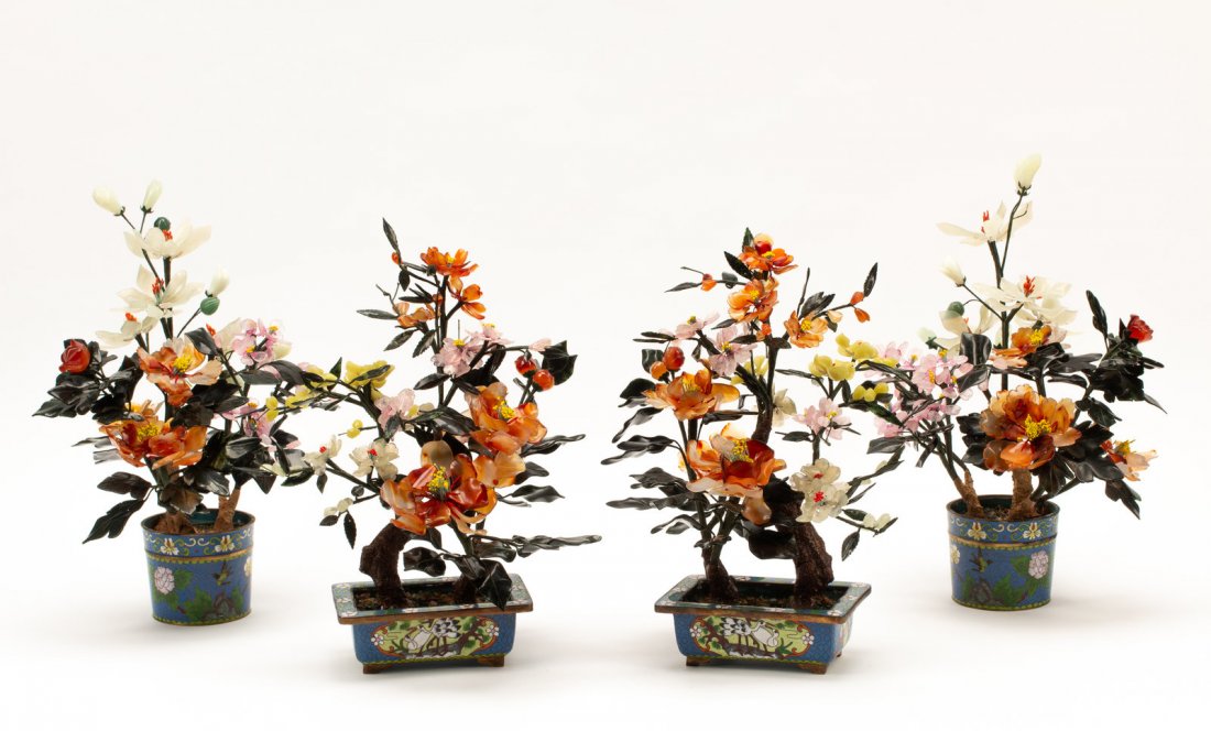 Two Pairs of Chinese Hardstone Trees with Cloisonne (1 of 2)