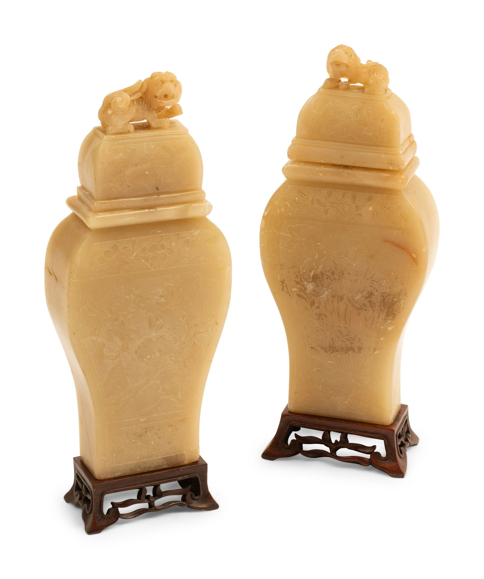 A Pair of Chinese Carved White Stone Jars on Wood Bases (1 of 2)