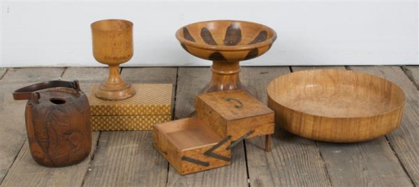 A Box of Decorative Wood Articles, Diameter of bowl: A Box of Decorative Wood Articles, comprising a burlwood bowl, turned wood articles, boxes and others. Diameter of bowl 9 3/4 inches. Property from the Estate of Mr. Gerald Arpino, Chicago, Illinois