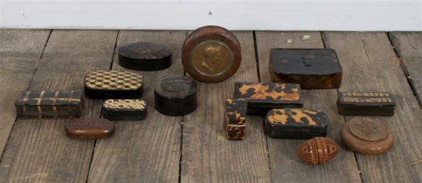 A Group of Fourteen Decorative Boxes, Widest 4 5/8: A Group of Fourteen Decorative Boxes, comprising tortoise shell, inlaid examples and others. Widest 4 5/8 inches. Property from the Estate of Mr. Gerald Arpino, Chicago, Illinois