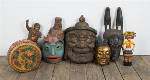 A Large Copper Pot, Diameter of first over handles: A Large Copper Pot, together with masks and religious articles from various cultures. Diameter of first over handles 23 1/4 inches. Property from the Estate of Mr. Gerald Arpino, Chicago, Illinois